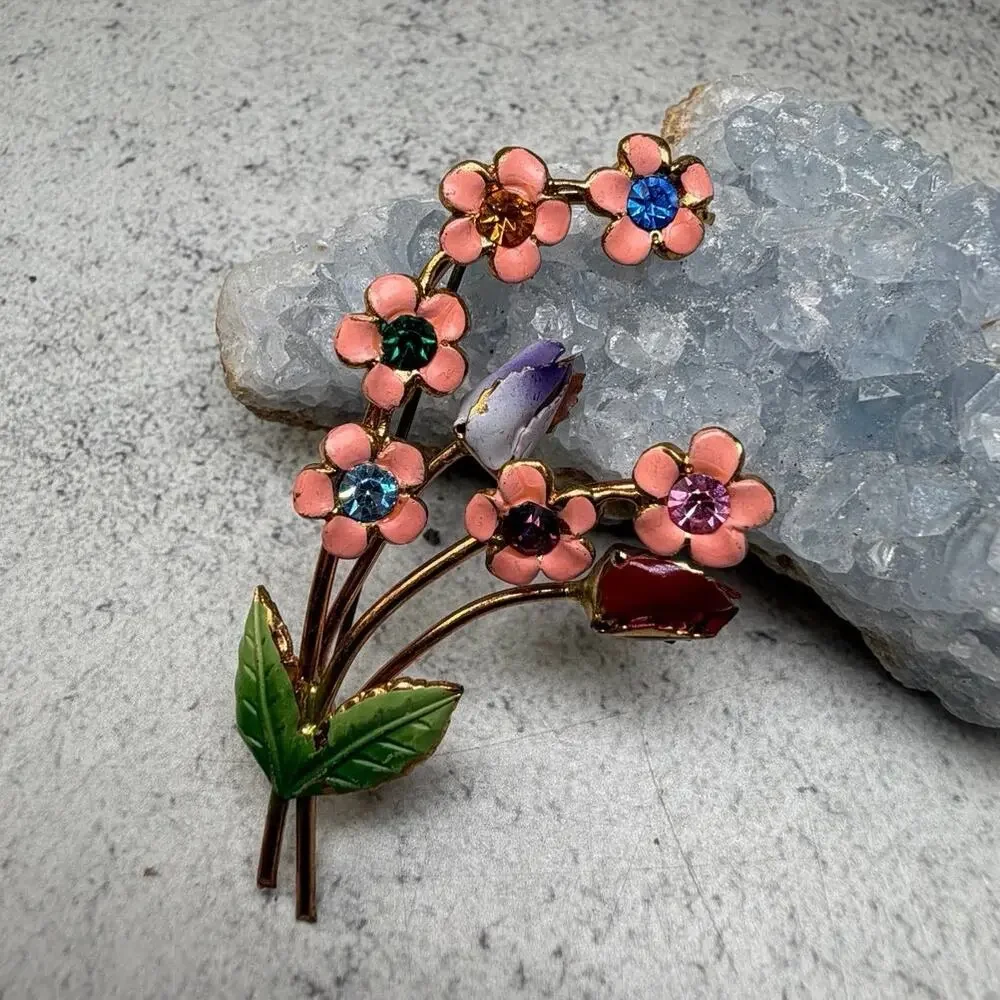 Vintage Austrian Hand Painted 60s Floral Bouquet Brooch Crystal